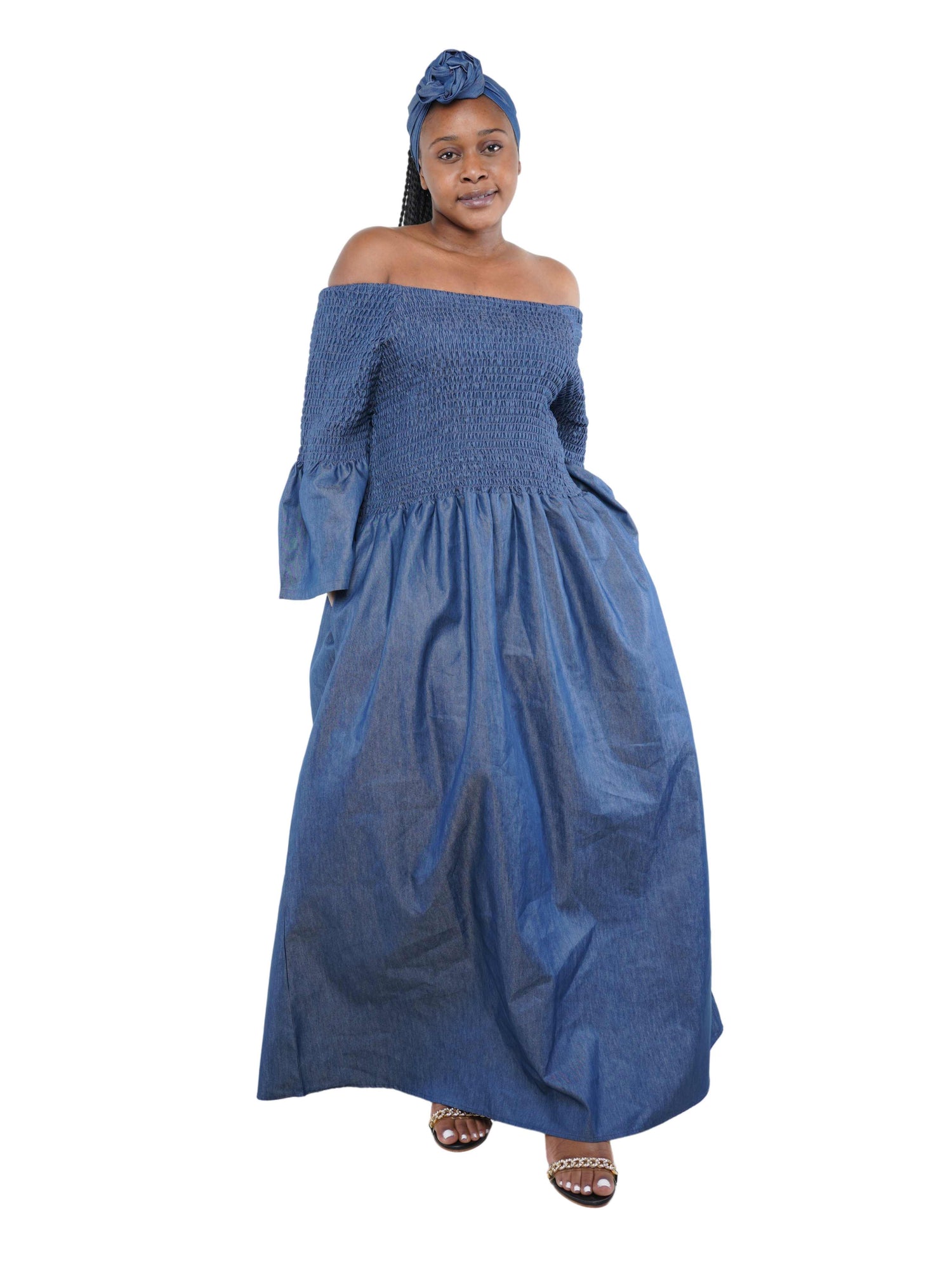 Blue Denim Long Smoked Dress