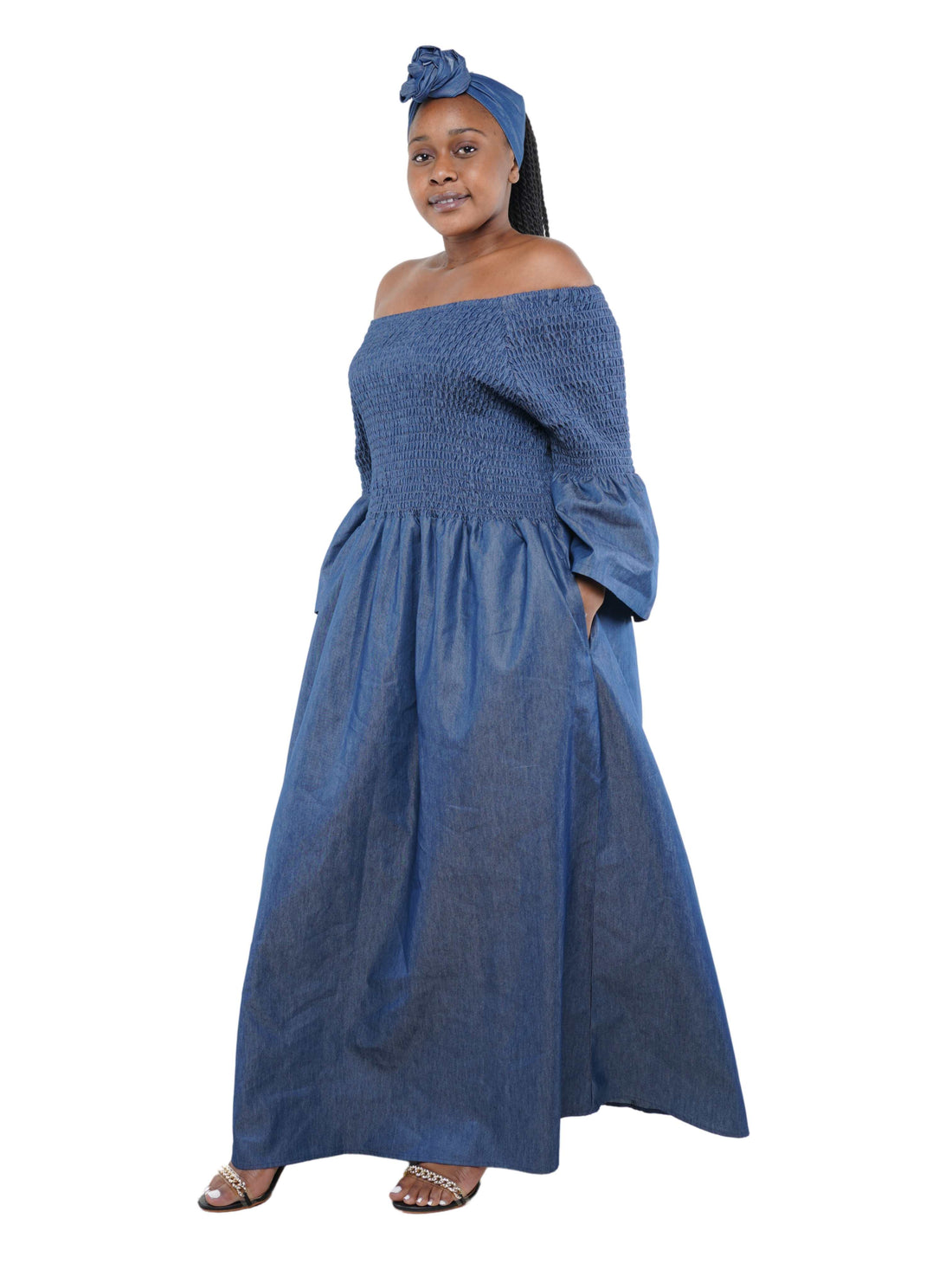 Blue Denim Long Smoked Dress
