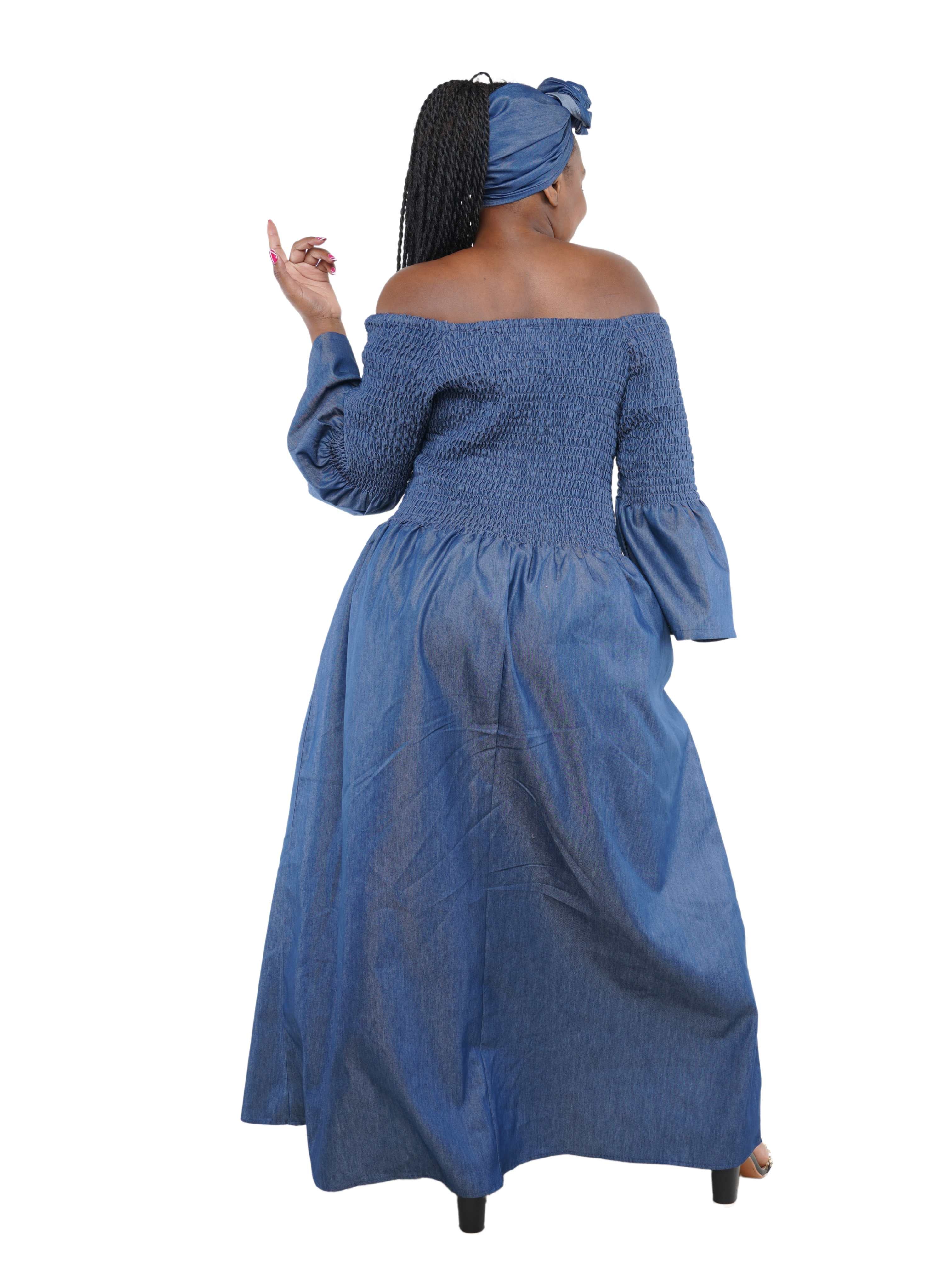 Blue Denim Long Smoked Dress