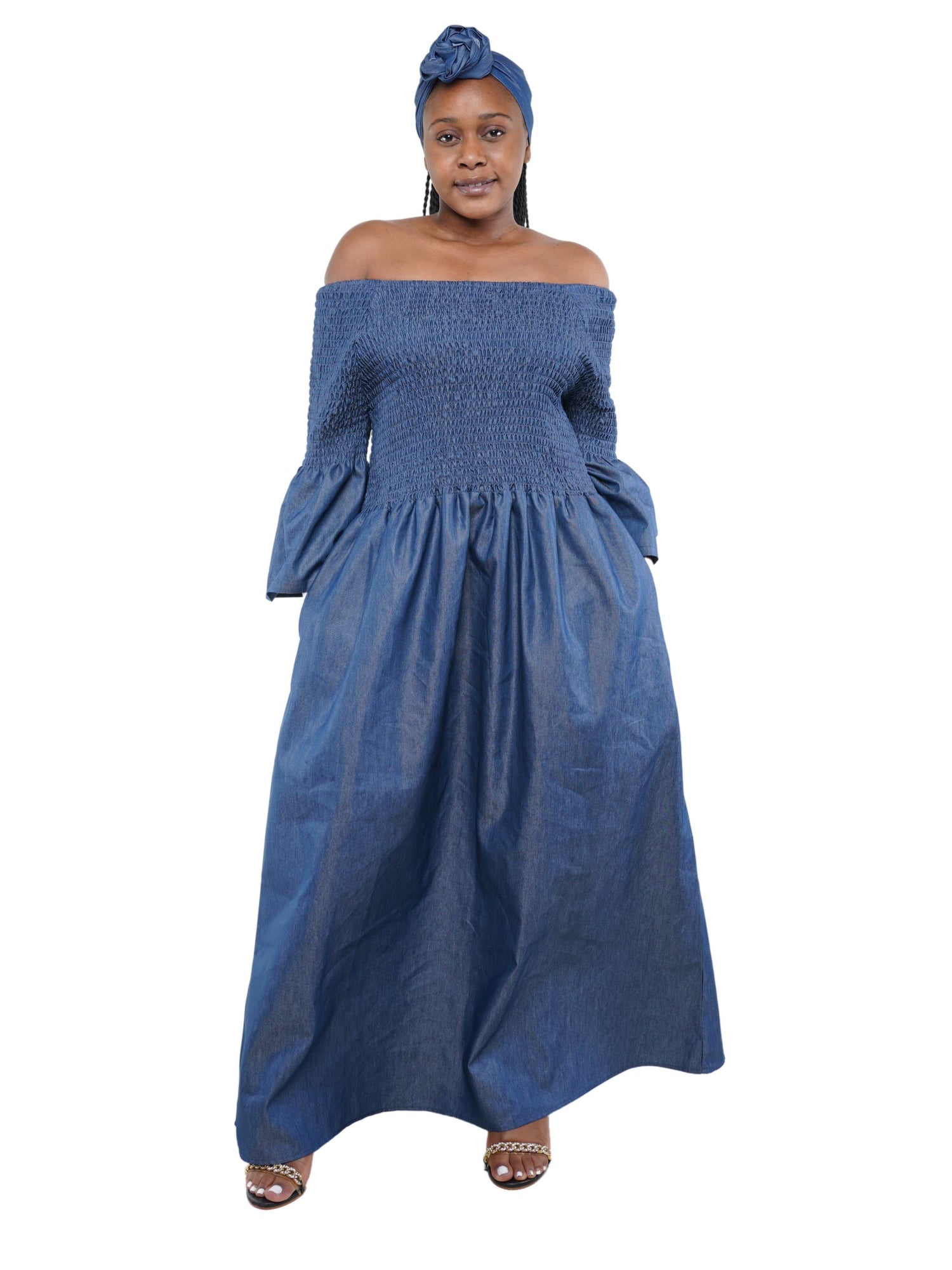 Blue Denim Long Smoked Dress