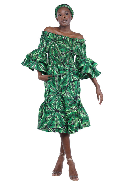 Ankara Midi Frill Neck Smoked Dress