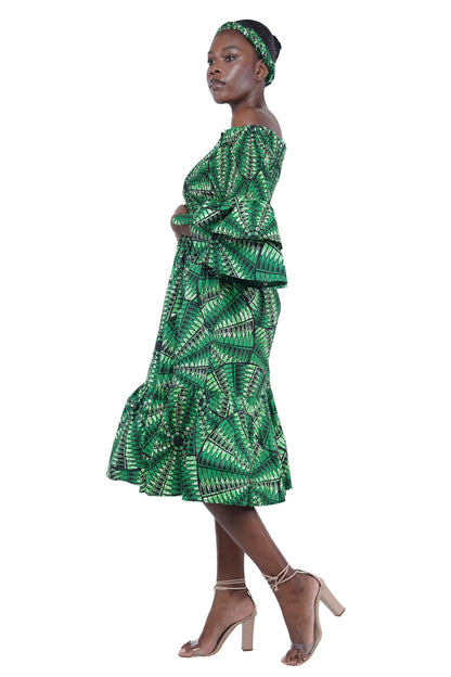 Ankara Midi Frill Neck Smoked Dress