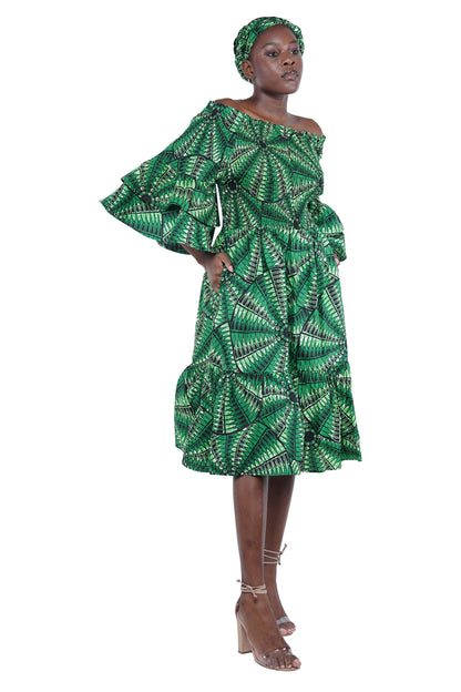 Ankara Midi Frill Neck Smoked Dress