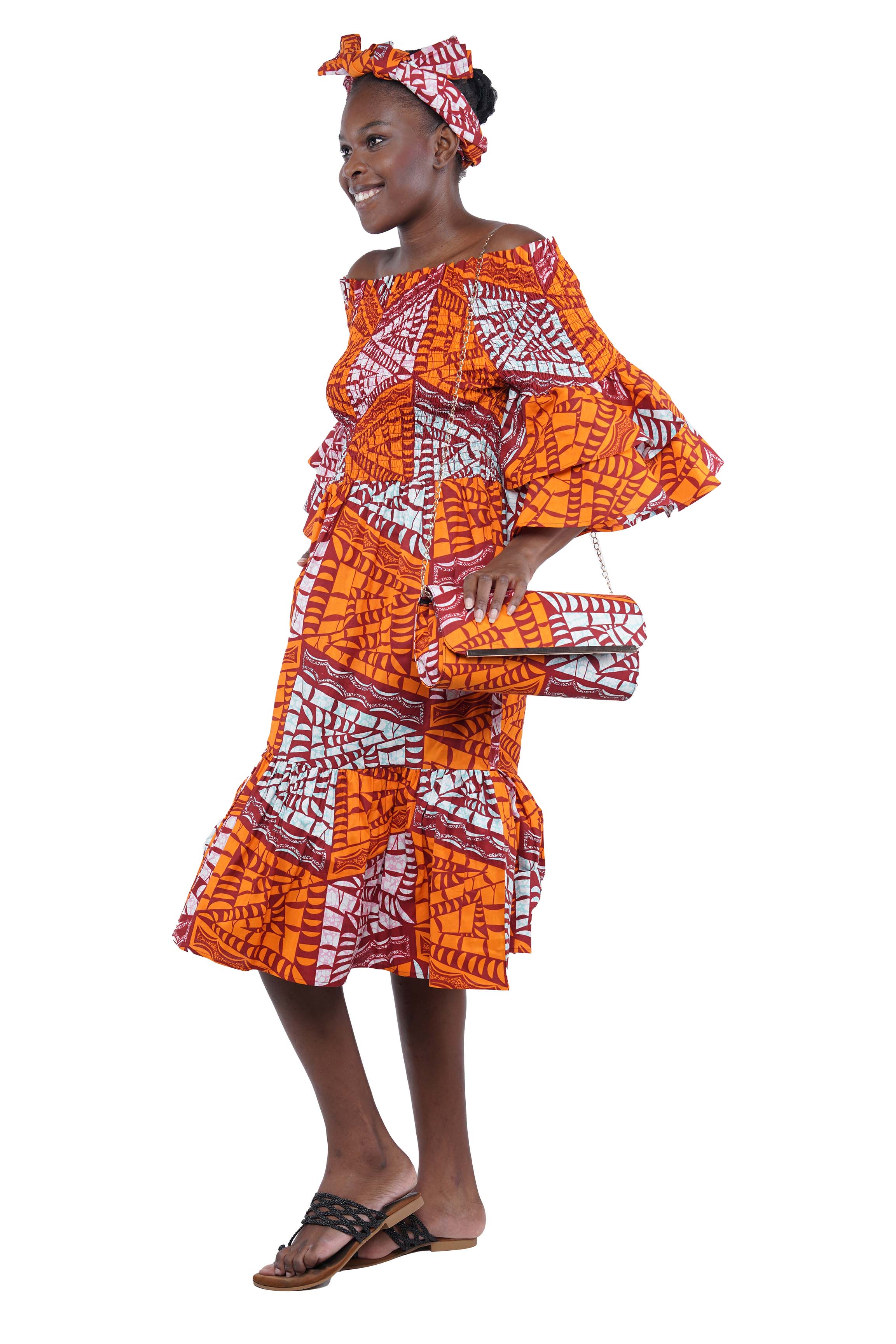 Ankara Midi Frill Neck Smoked Dress