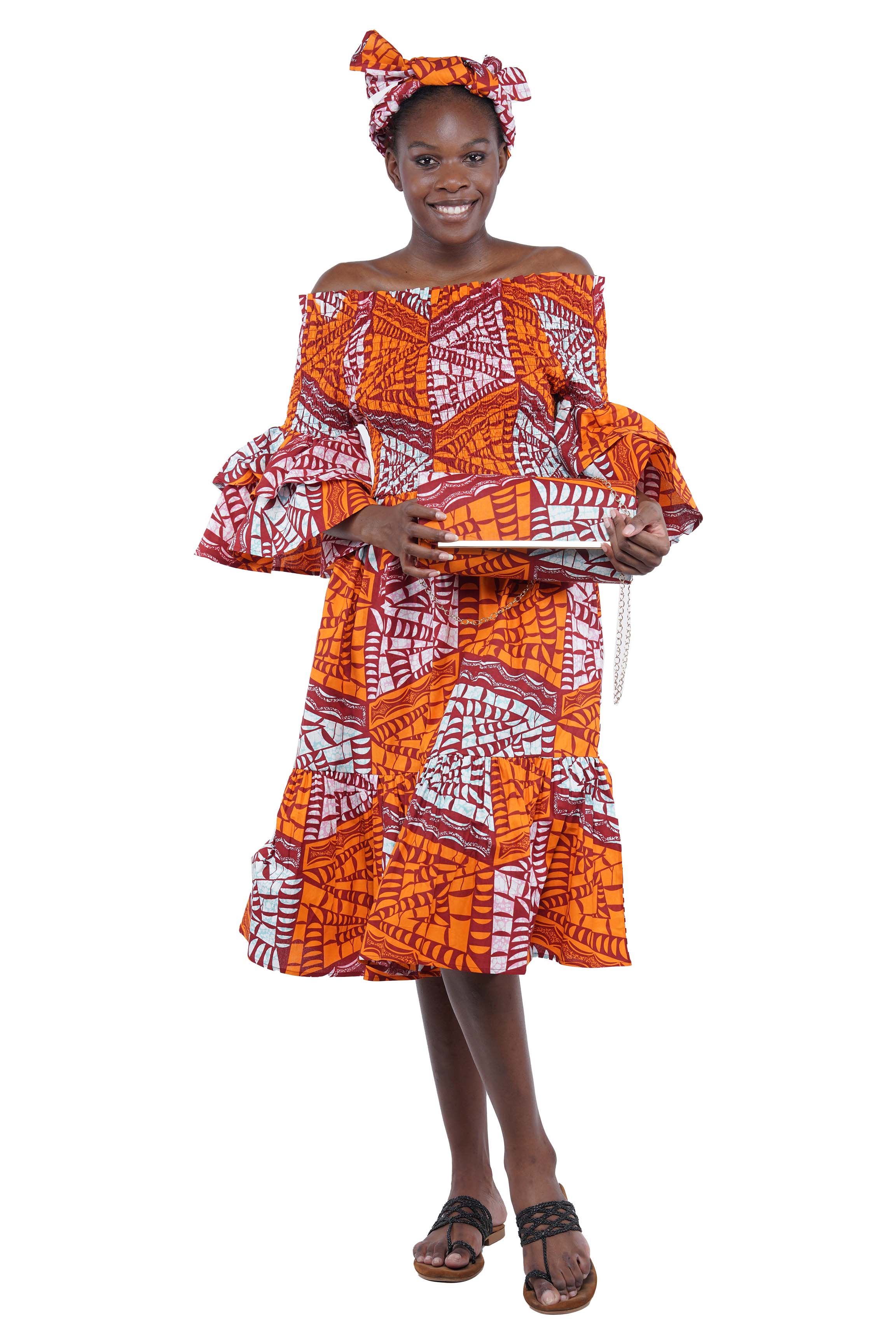 Ankara Midi Frill Neck Smoked Dress