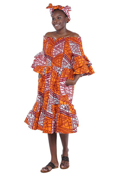 Ankara Midi Frill Neck Smoked Dress