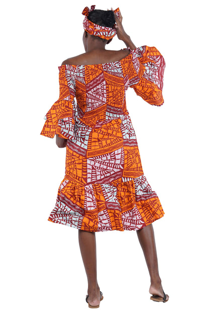 Ankara Midi Frill Neck Smoked Dress