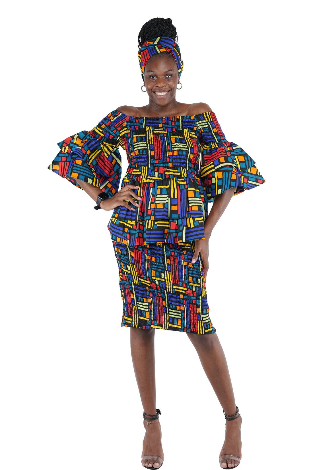 African Smocked Blouse & Skirt Set w/ Head Wrap | Ankara Dashiki Print Dress Attire, One Size