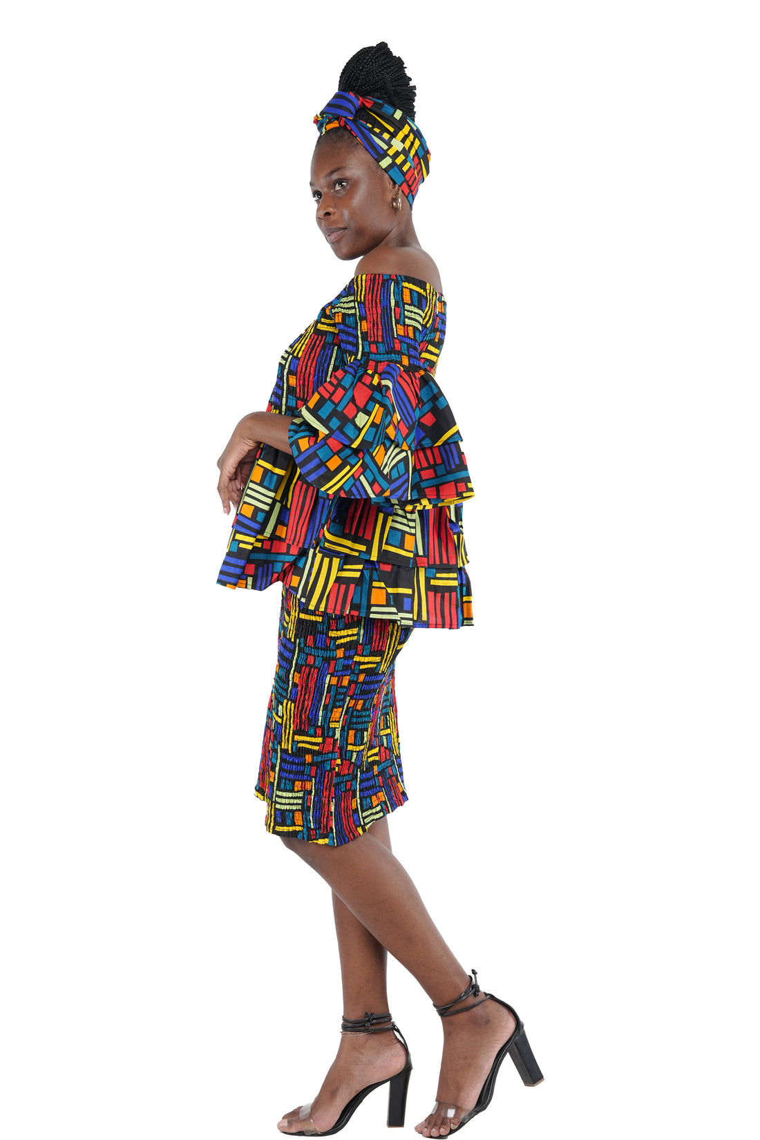 African Smocked Blouse & Skirt Set w/ Head Wrap | Ankara Dashiki Print Dress Attire, One Size
