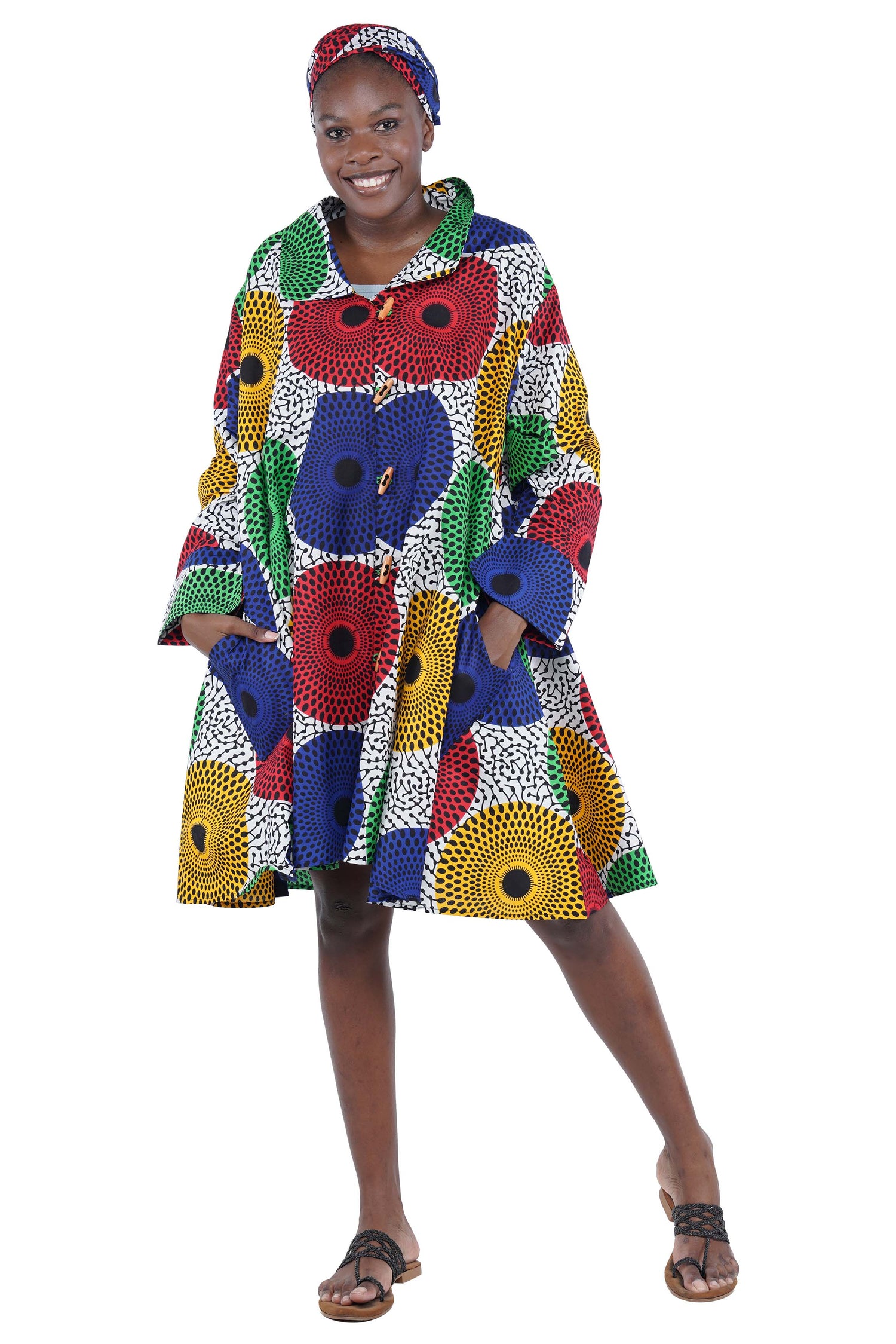 African Women Button Up Swing Dress with Head Wrap &amp; Pockets – Cotton