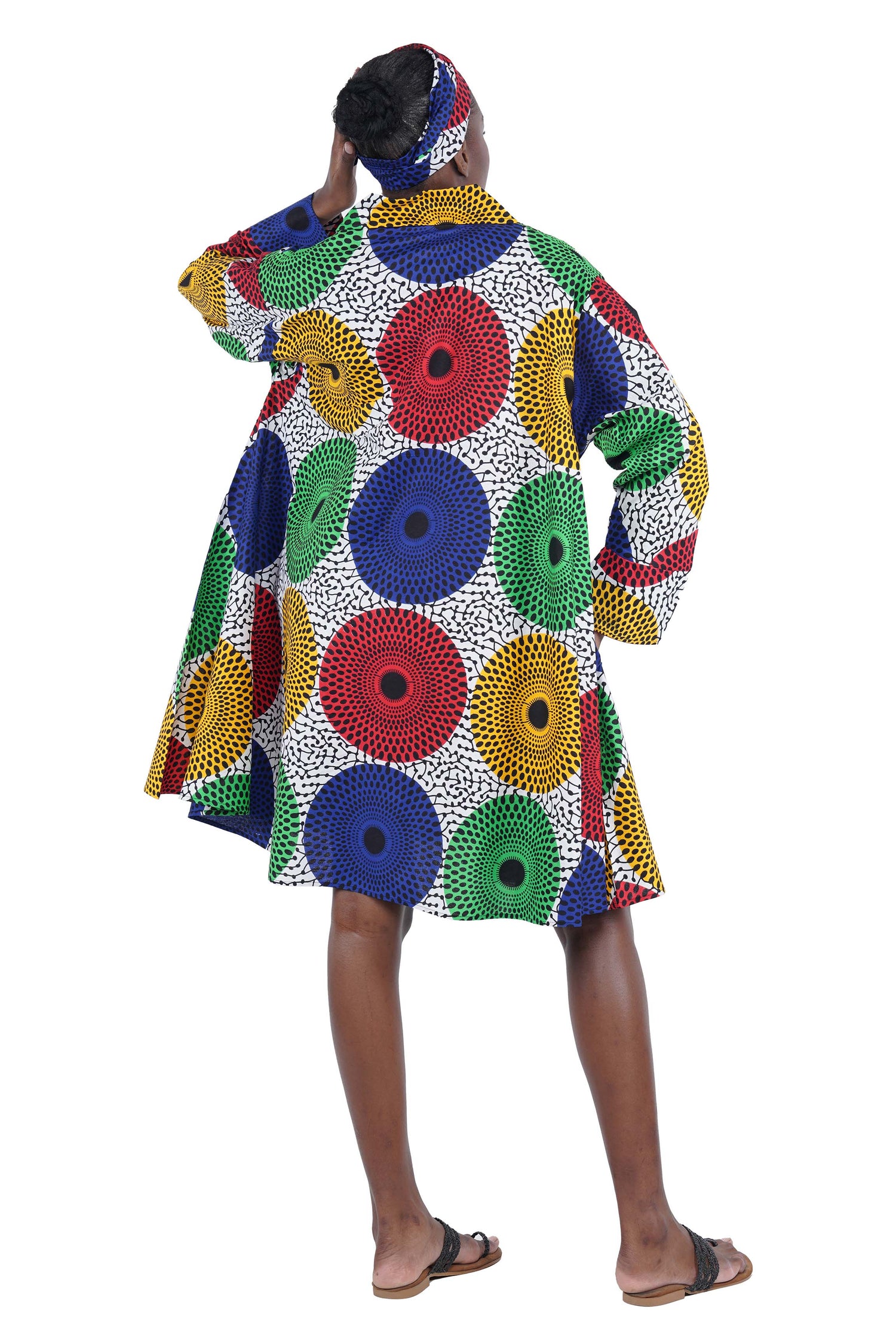 African Women Button Up Swing Dress with Head Wrap &amp; Pockets – Cotton