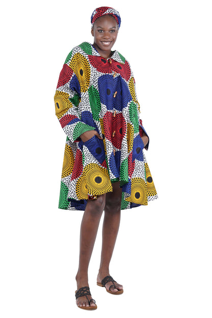 African Women Button Up Swing Dress with Head Wrap &amp; Pockets – Cotton