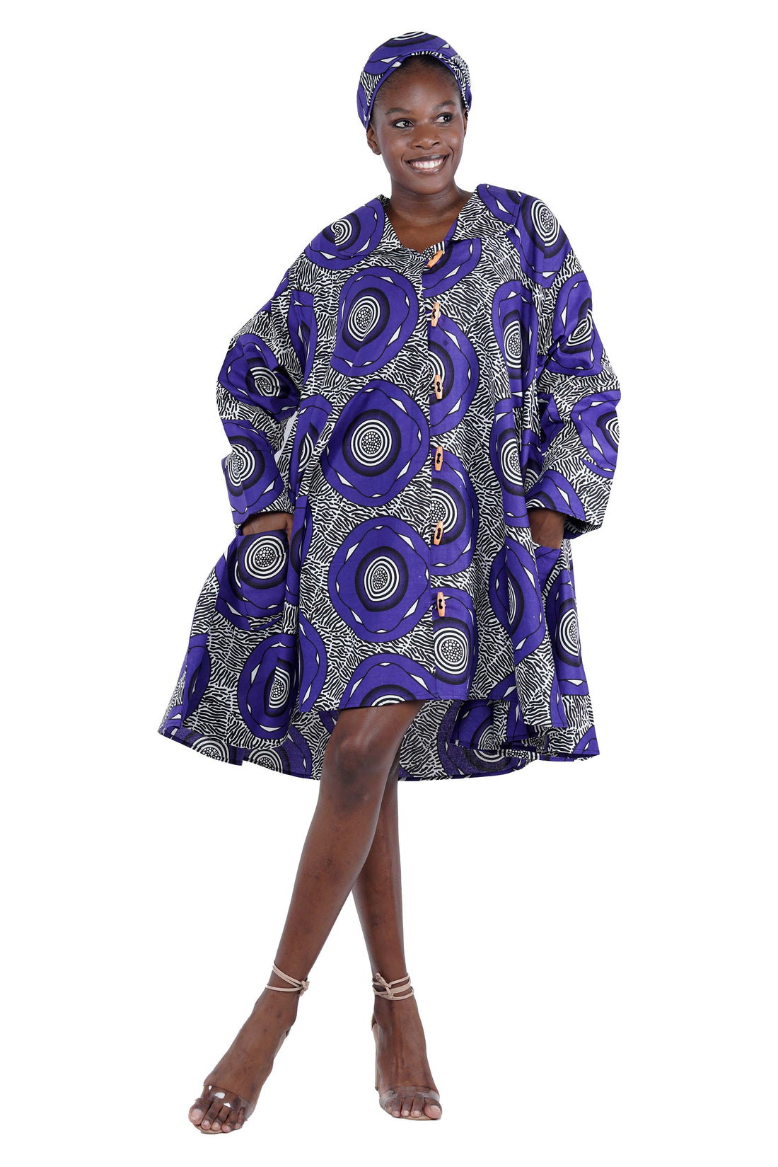 African Women Button Up Swing Dress with Head Wrap &amp; Pockets – Cotton