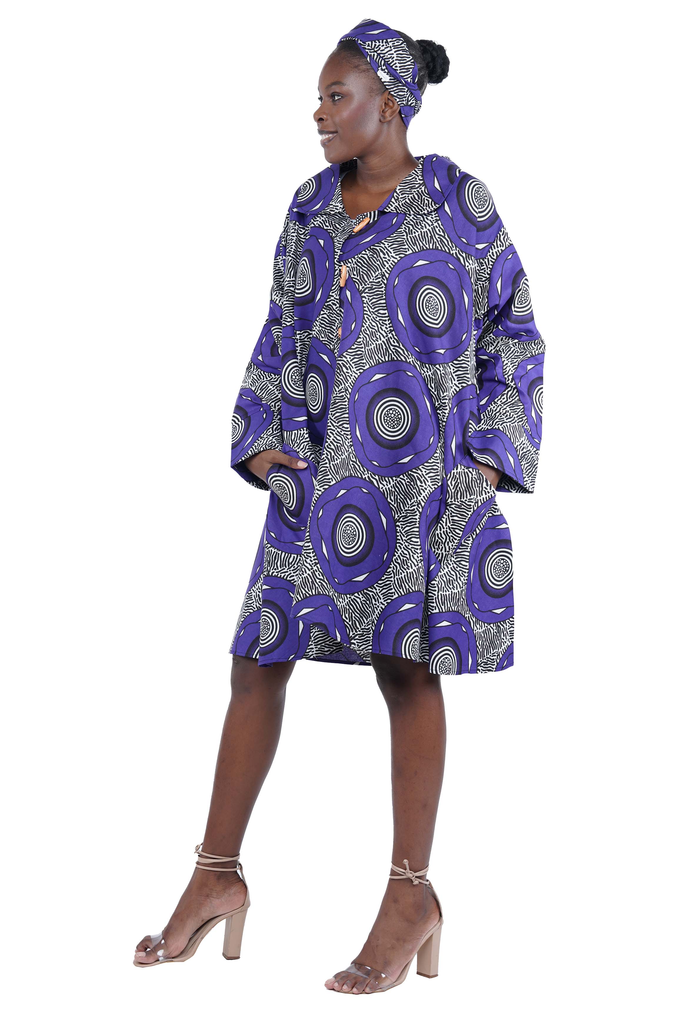African Women Button Up Swing Dress with Head Wrap &amp; Pockets – Cotton