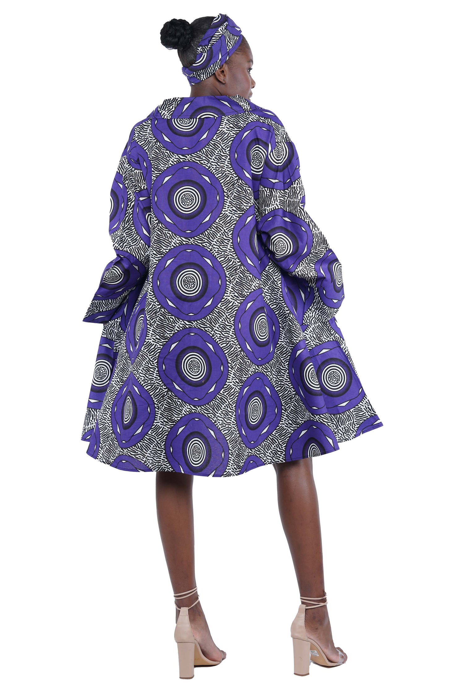 African Women Button Up Swing Dress with Head Wrap &amp; Pockets – Cotton