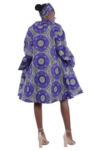African Women Button Up Swing Dress with Head Wrap &amp; Pockets – Cotton