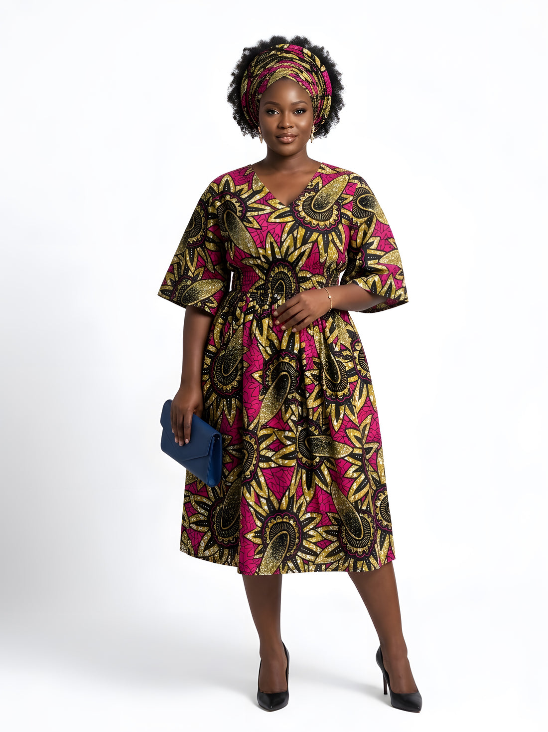 African Print Midi Dress with Matching Headwrap | One Size