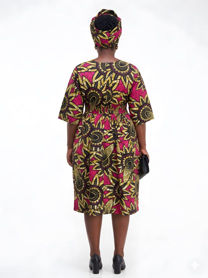 African Print Midi Dress with Matching Headwrap | One Size