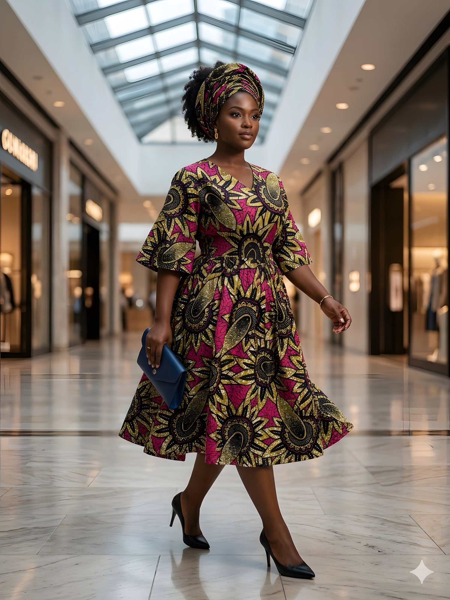 African Print Midi Dress with Matching Headwrap | One Size