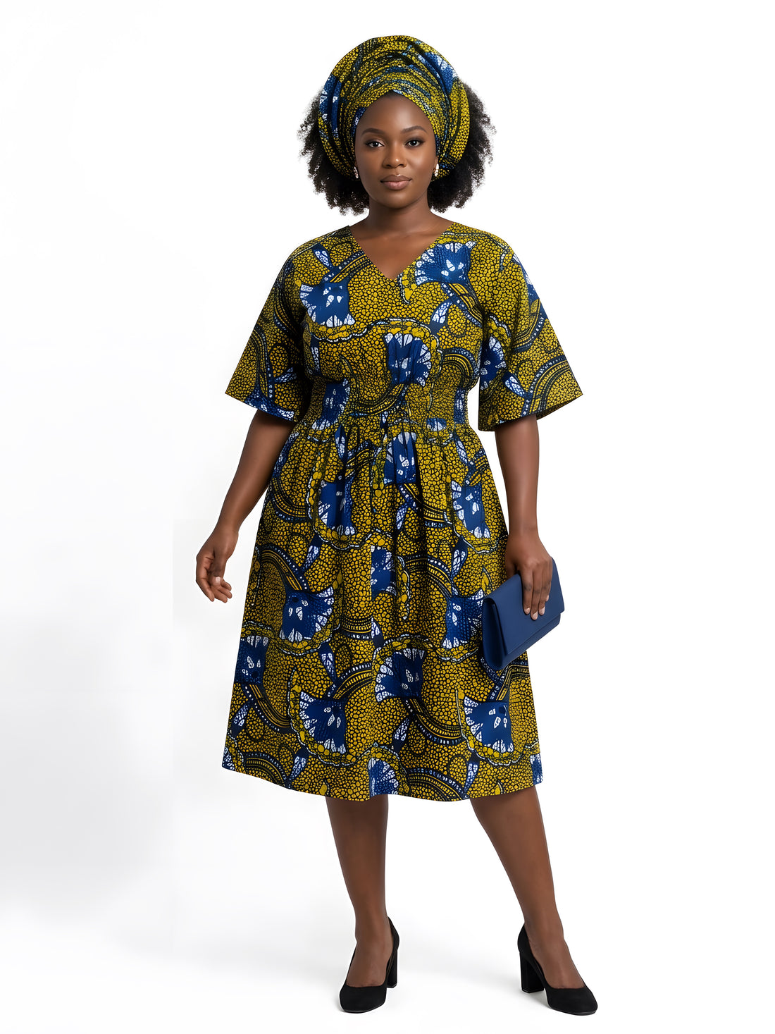 African Print Midi Dress with Matching Headwrap | One Size