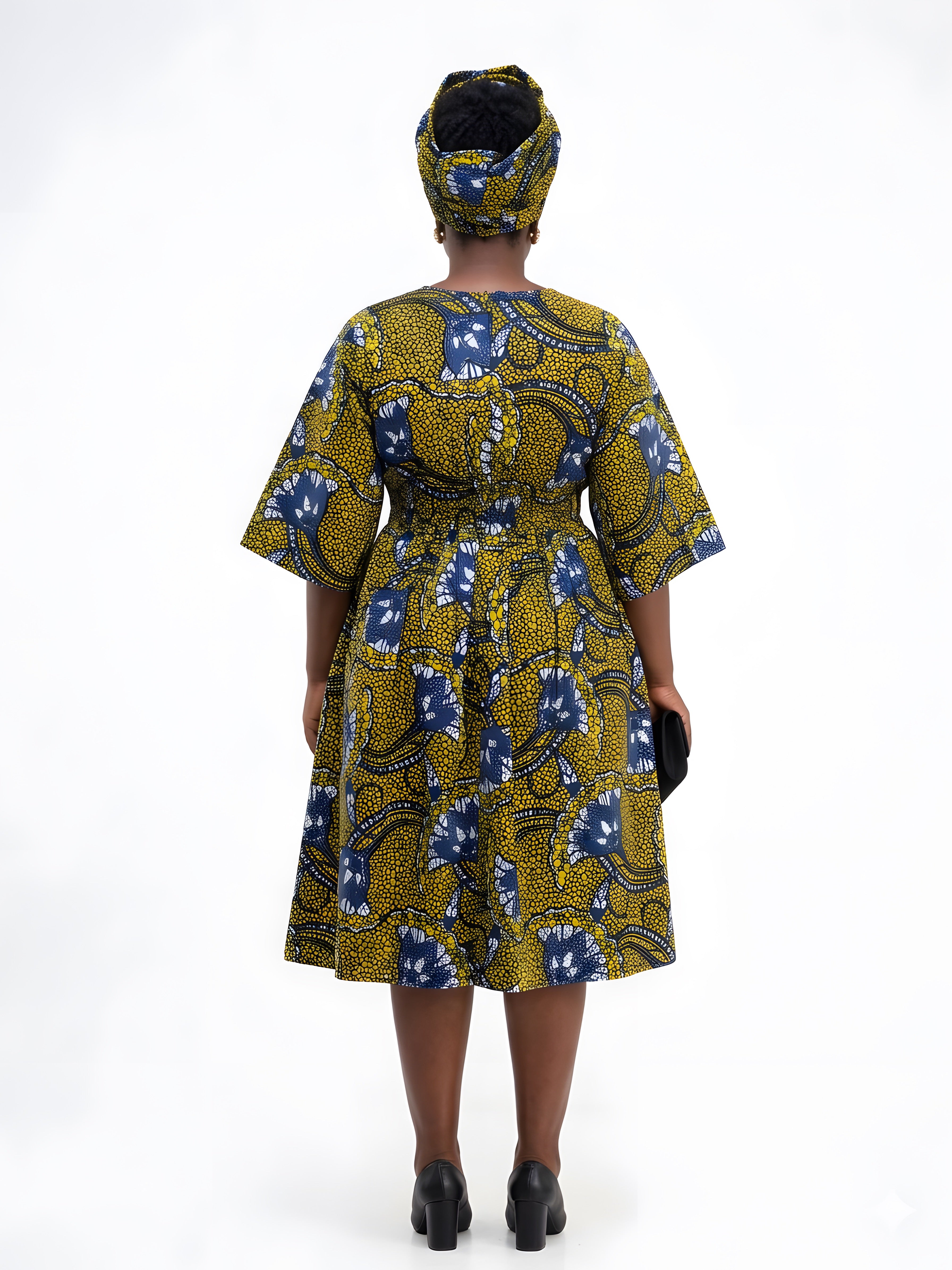 African Print Midi Dress with Matching Headwrap | One Size