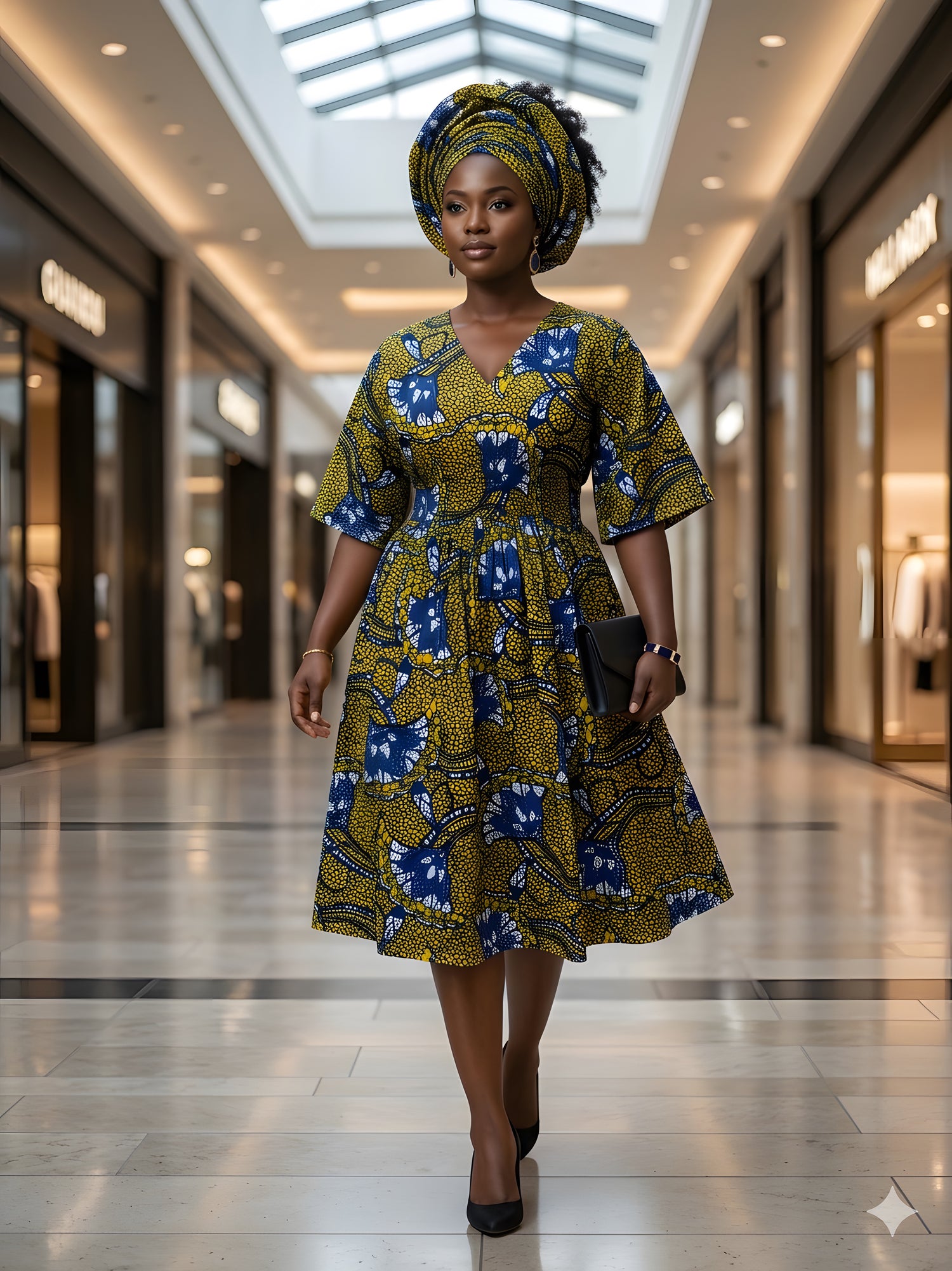African Print Midi Dress with Matching Headwrap | One Size