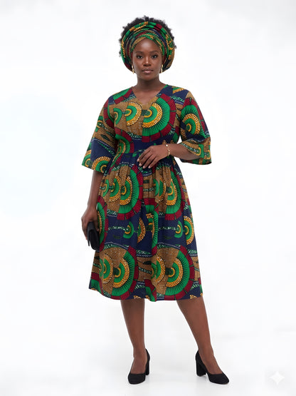 African Print Midi Dress with Matching Headwrap | One Size
