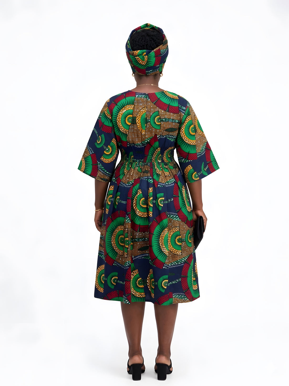 African Print Midi Dress with Matching Headwrap | One Size