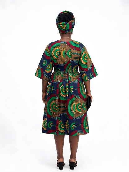 African Print Midi Dress with Matching Headwrap | One Size