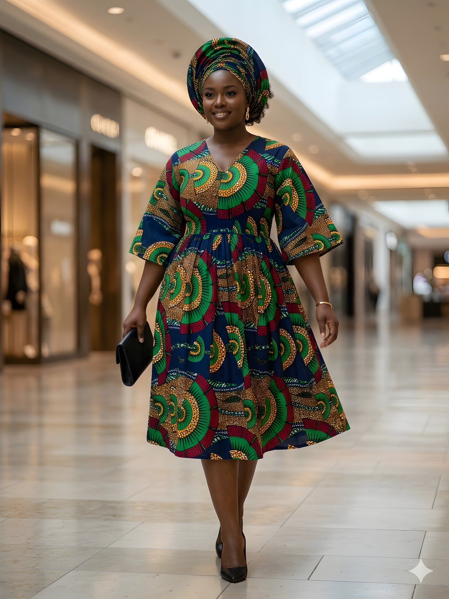 African Print Midi Dress with Matching Headwrap | One Size