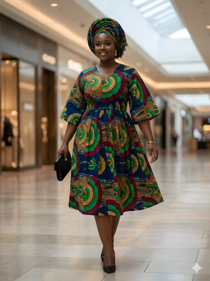 African Print Midi Dress with Matching Headwrap | One Size