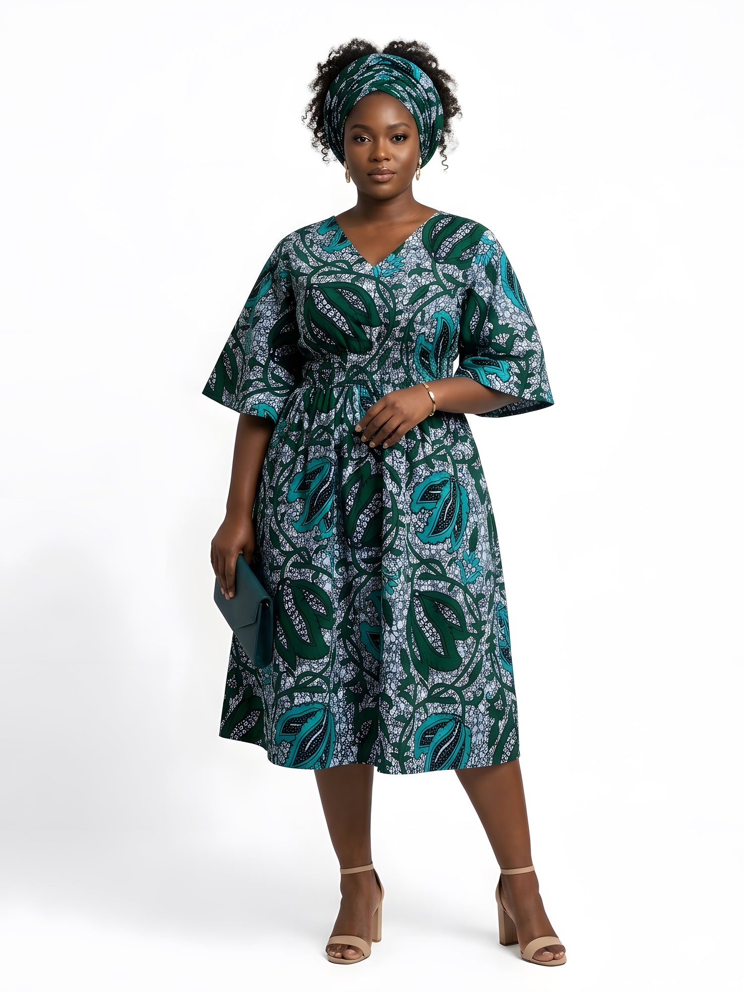 African Print Midi Dress with Matching Headwrap | One Size
