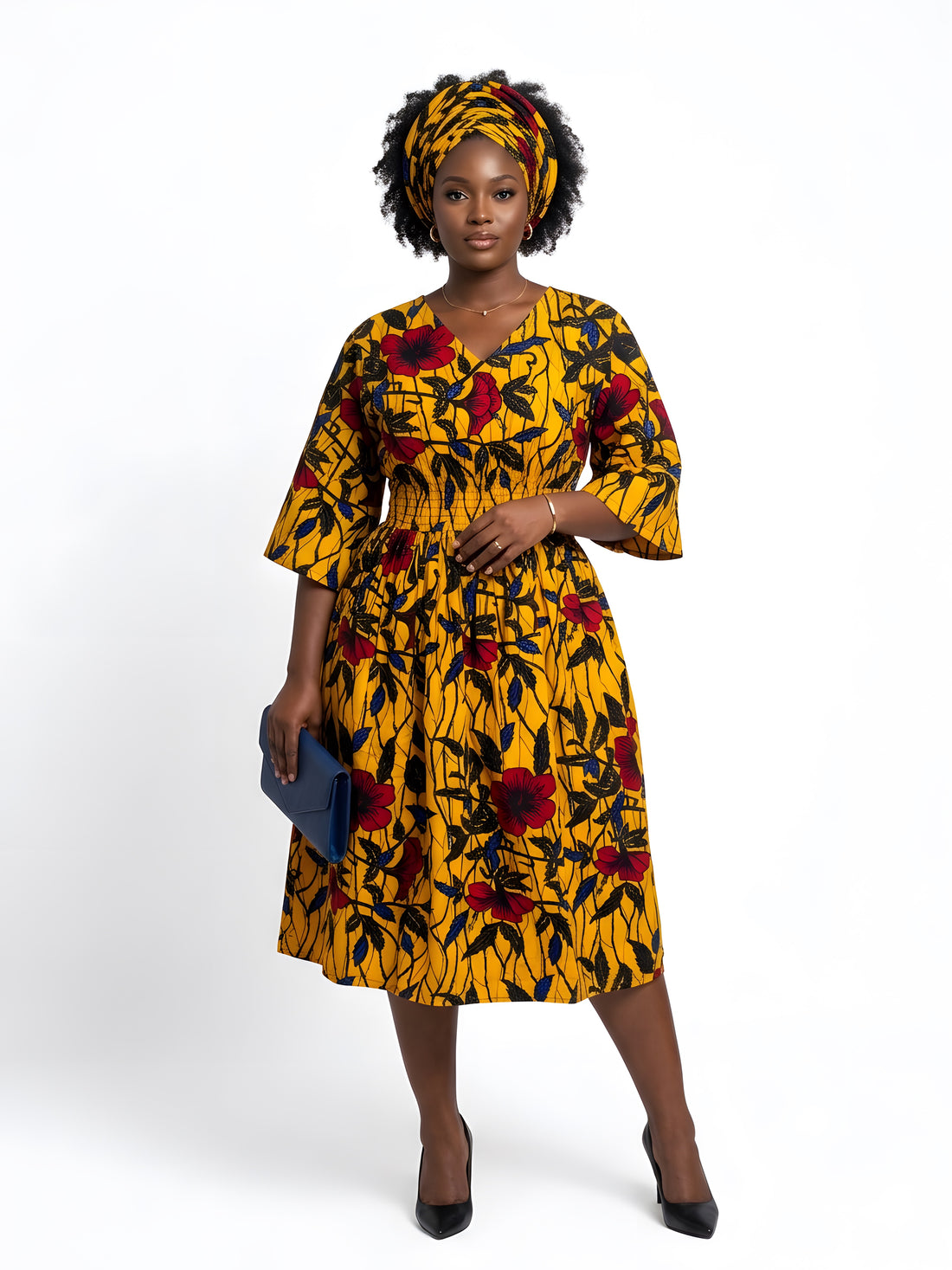 African Print Midi Dress with Matching Headwrap | One Size