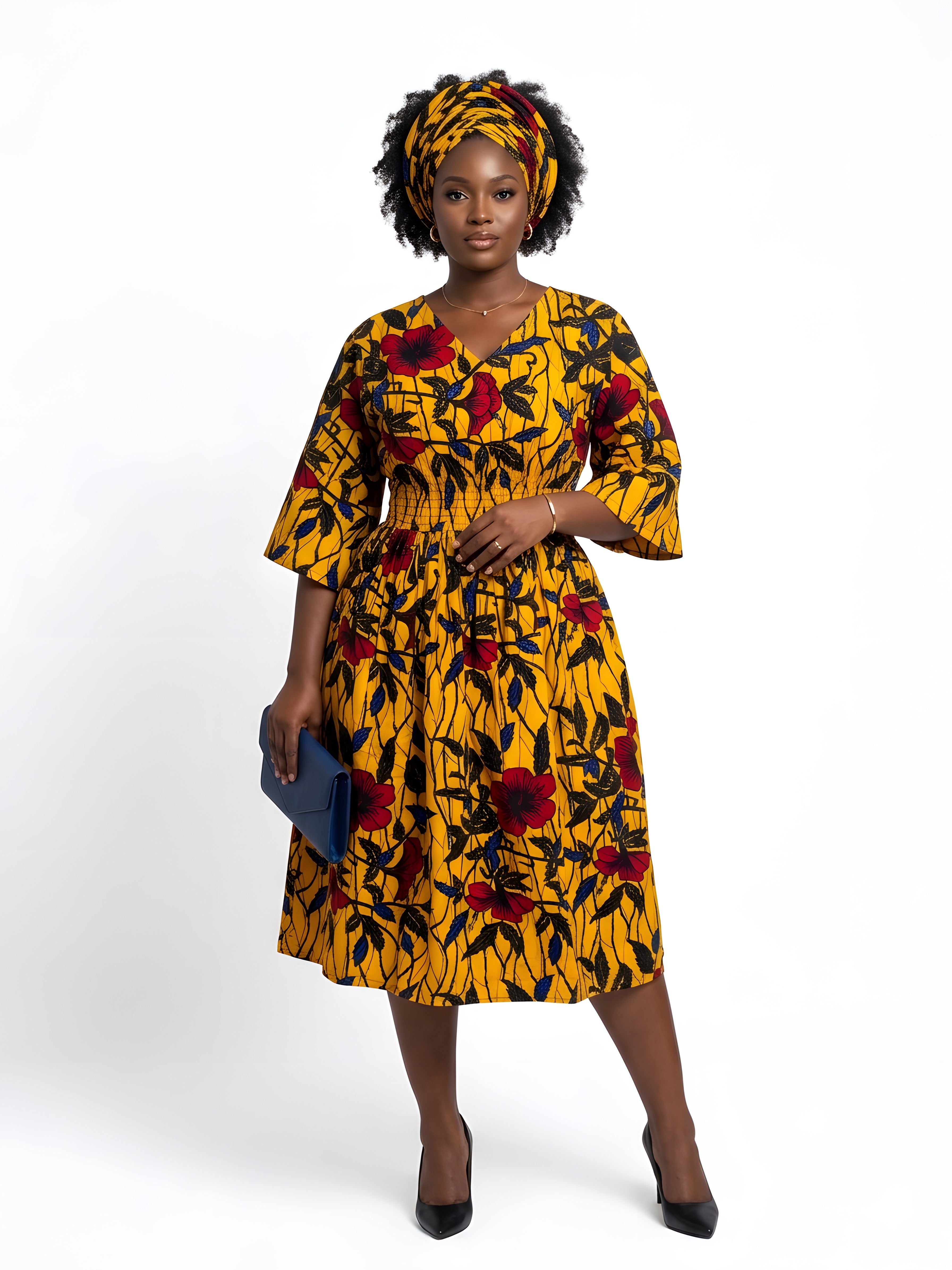 African Print Midi Dress with Matching Headwrap | One Size