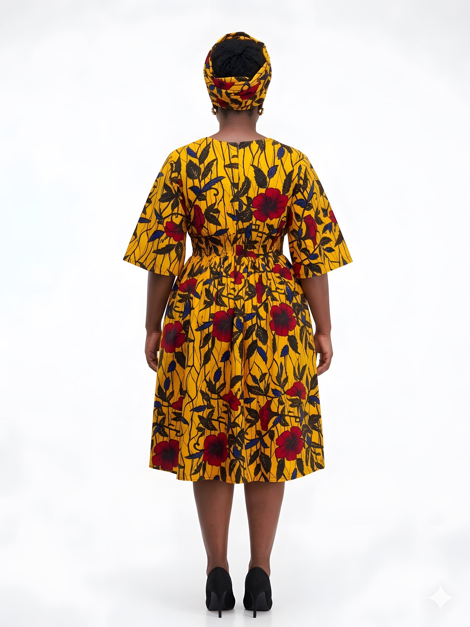 African Print Midi Dress with Matching Headwrap | One Size