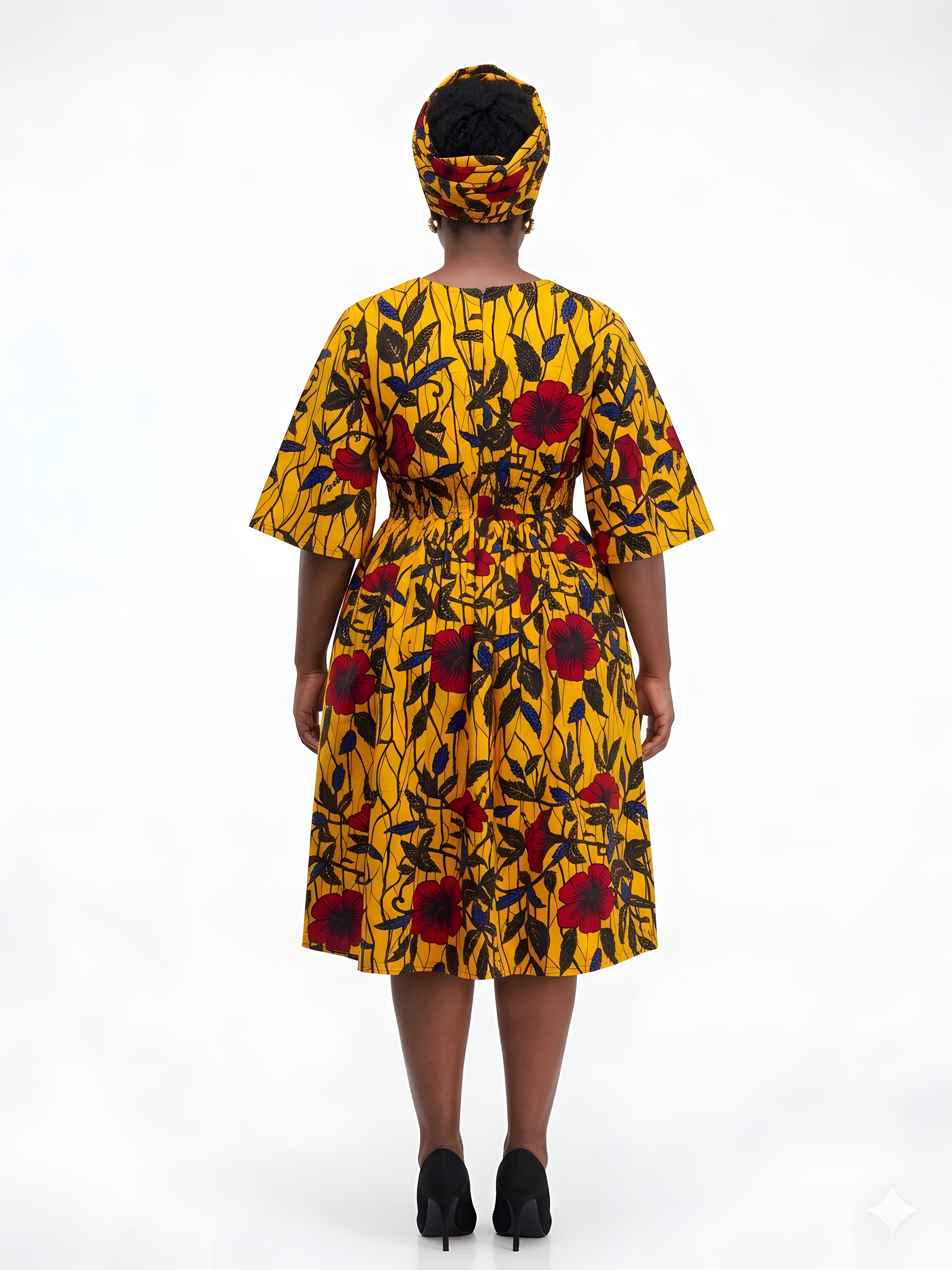 African Print Midi Dress with Matching Headwrap | One Size