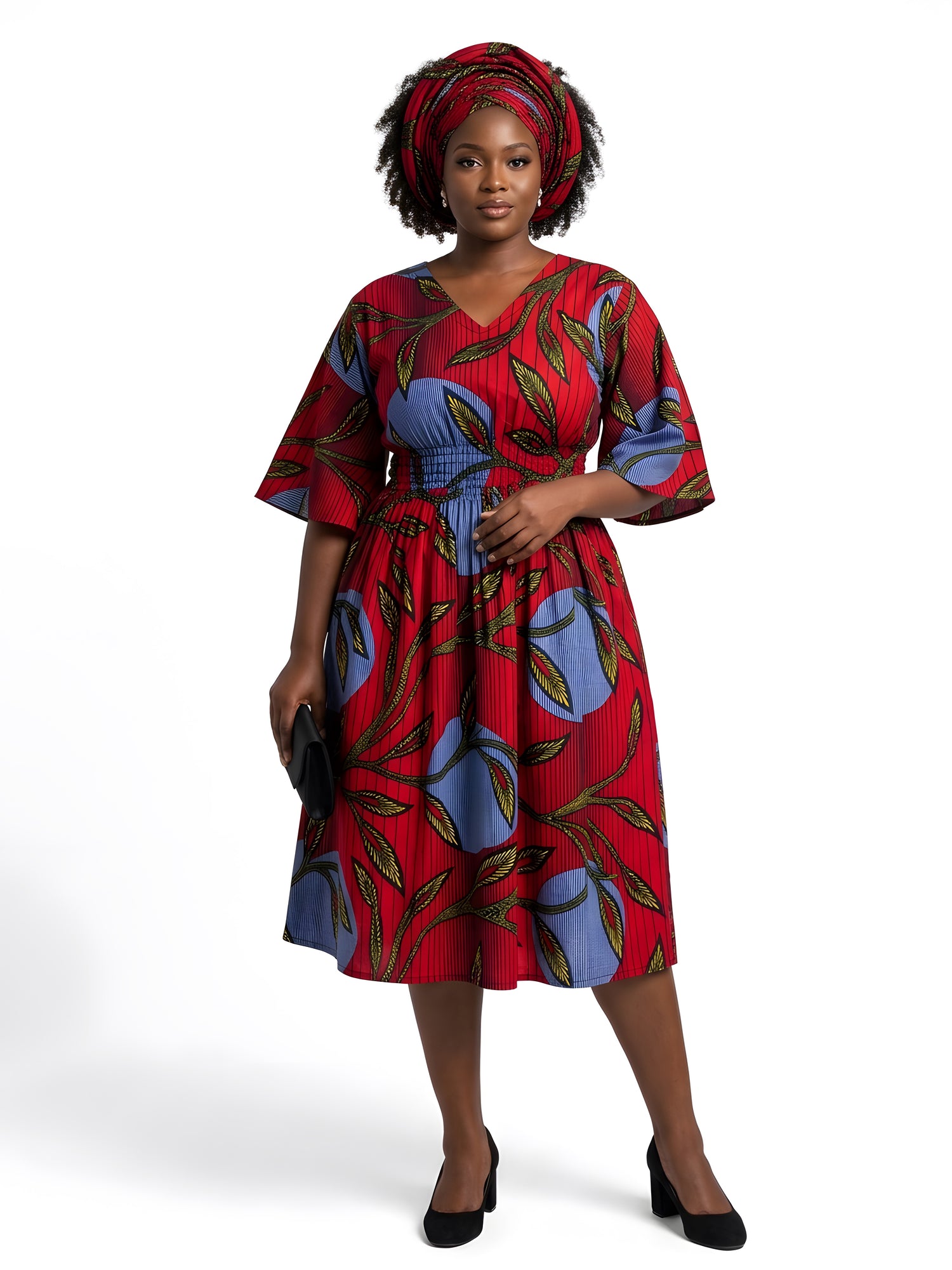 African Print Midi Dress with Matching Headwrap | One Size