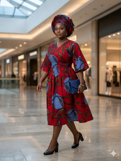 African Print Midi Dress with Matching Headwrap | One Size