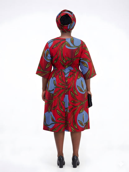 African Print Midi Dress with Matching Headwrap | One Size