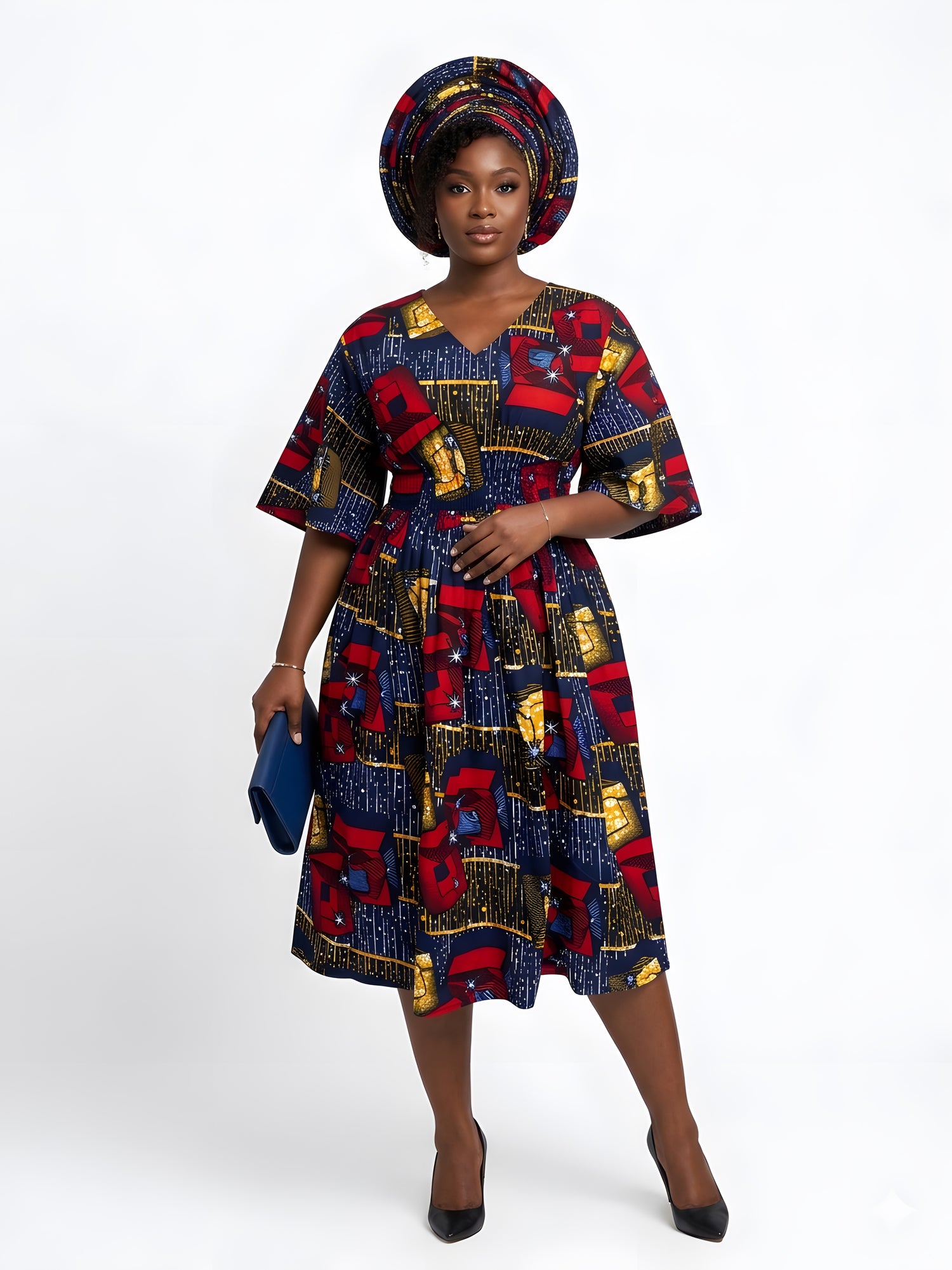 African Print Midi Dress with Matching Headwrap | One Size