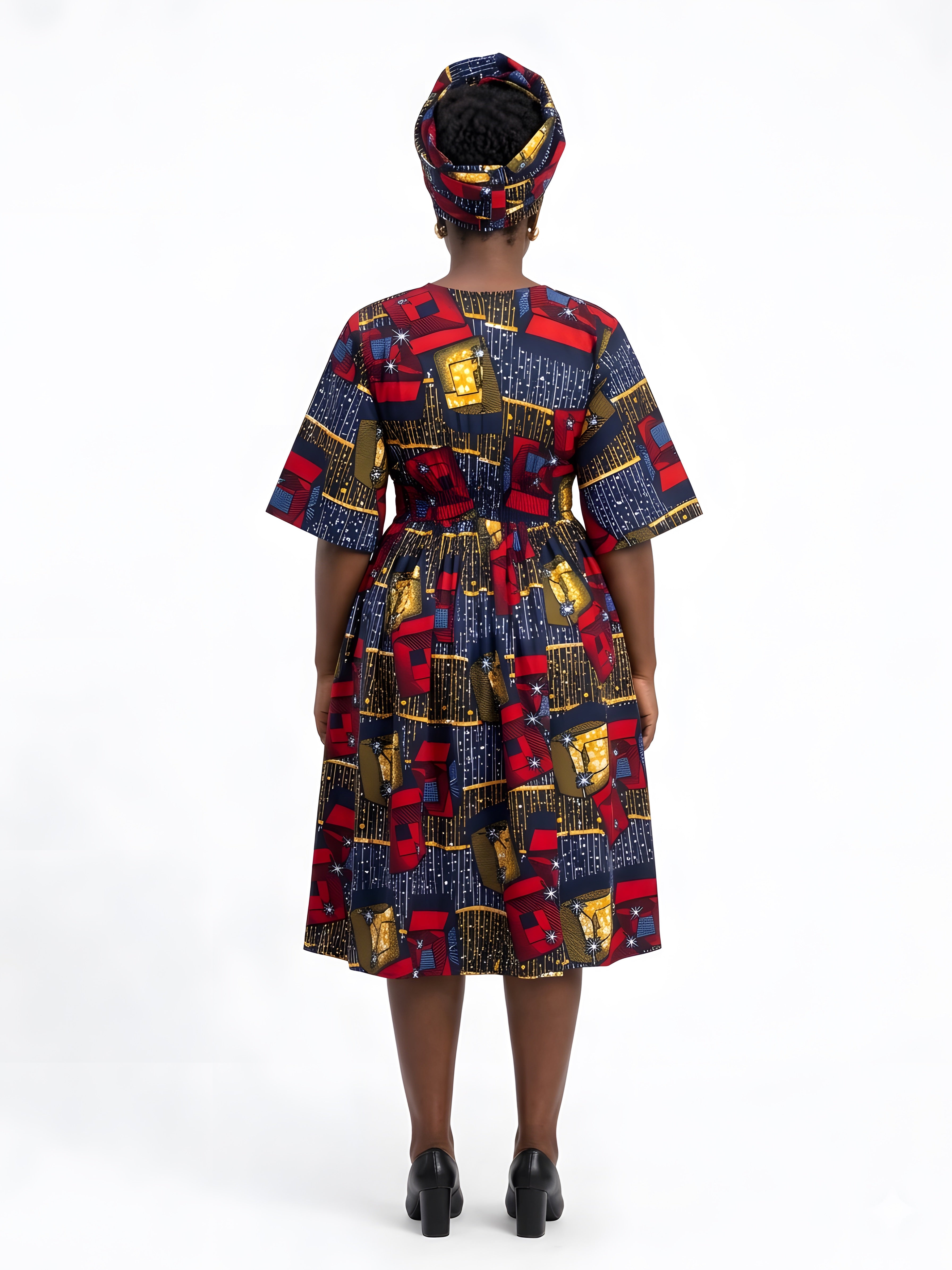 African Print Midi Dress with Matching Headwrap | One Size
