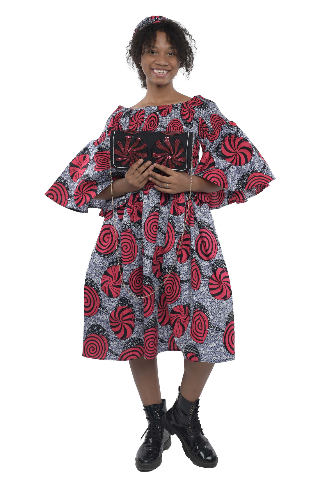 Ankara Short Smocked Dress With Beaded Handbag