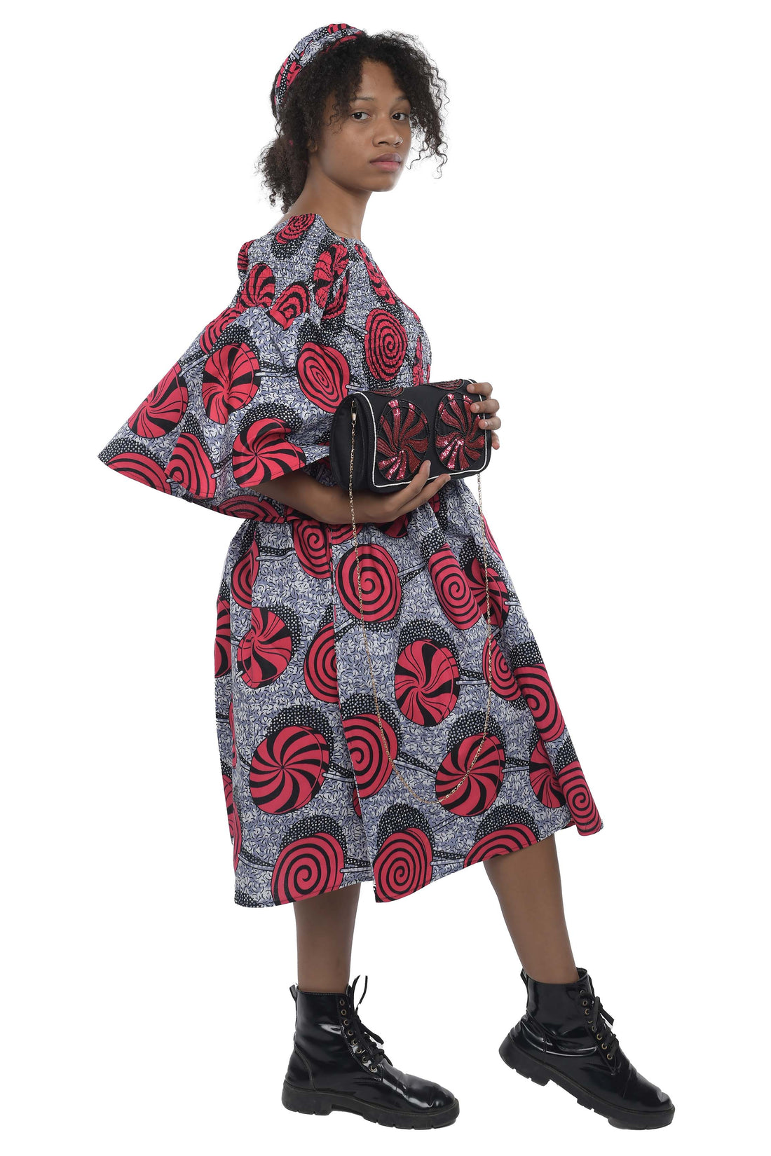 Ankara Short Smocked Dress With Beaded Handbag