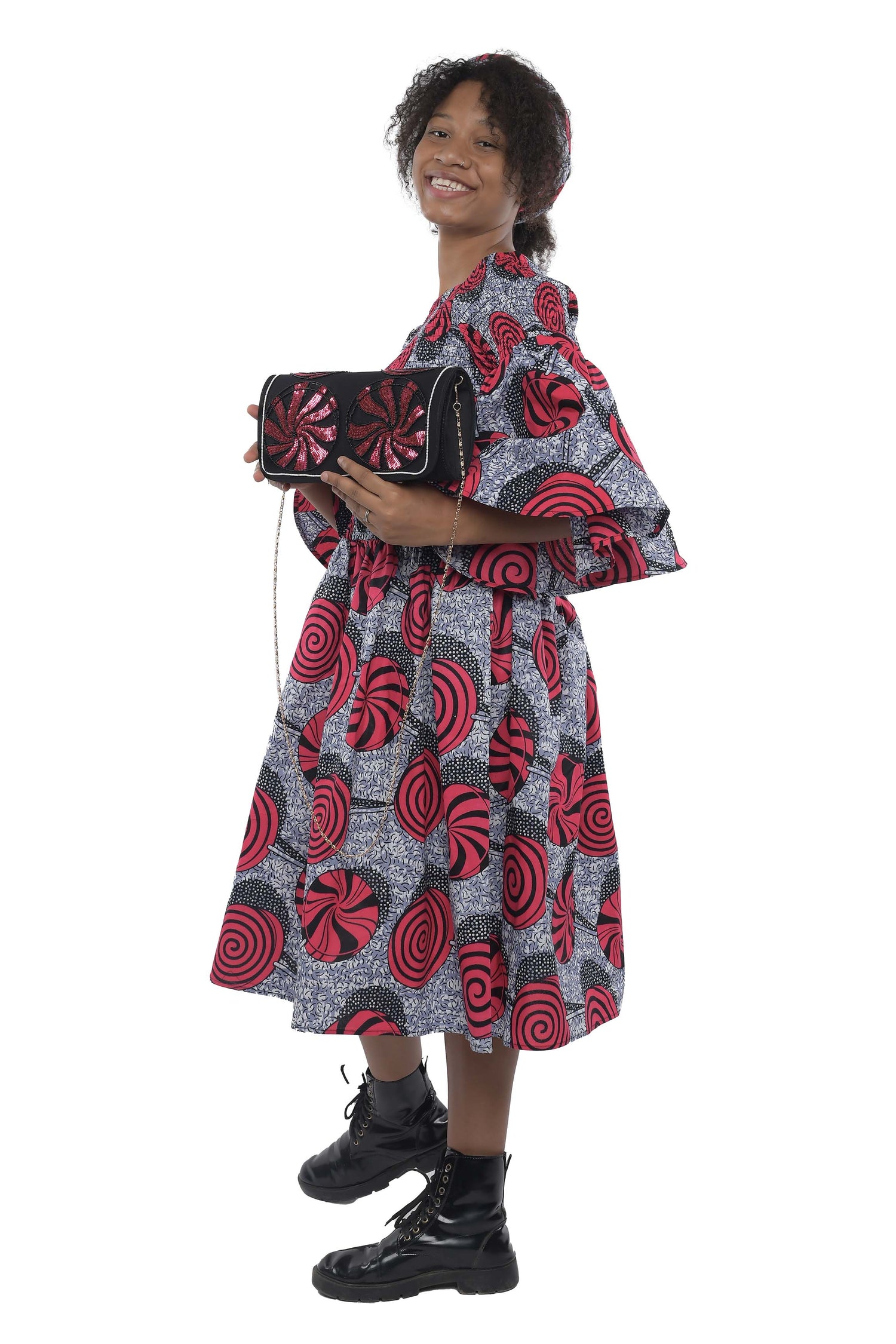 Ankara Short Smocked Dress With Beaded Handbag Satsuma African Clothing Ankara Short Smocked Dress With Beaded Handbag Satsuma African Clothing