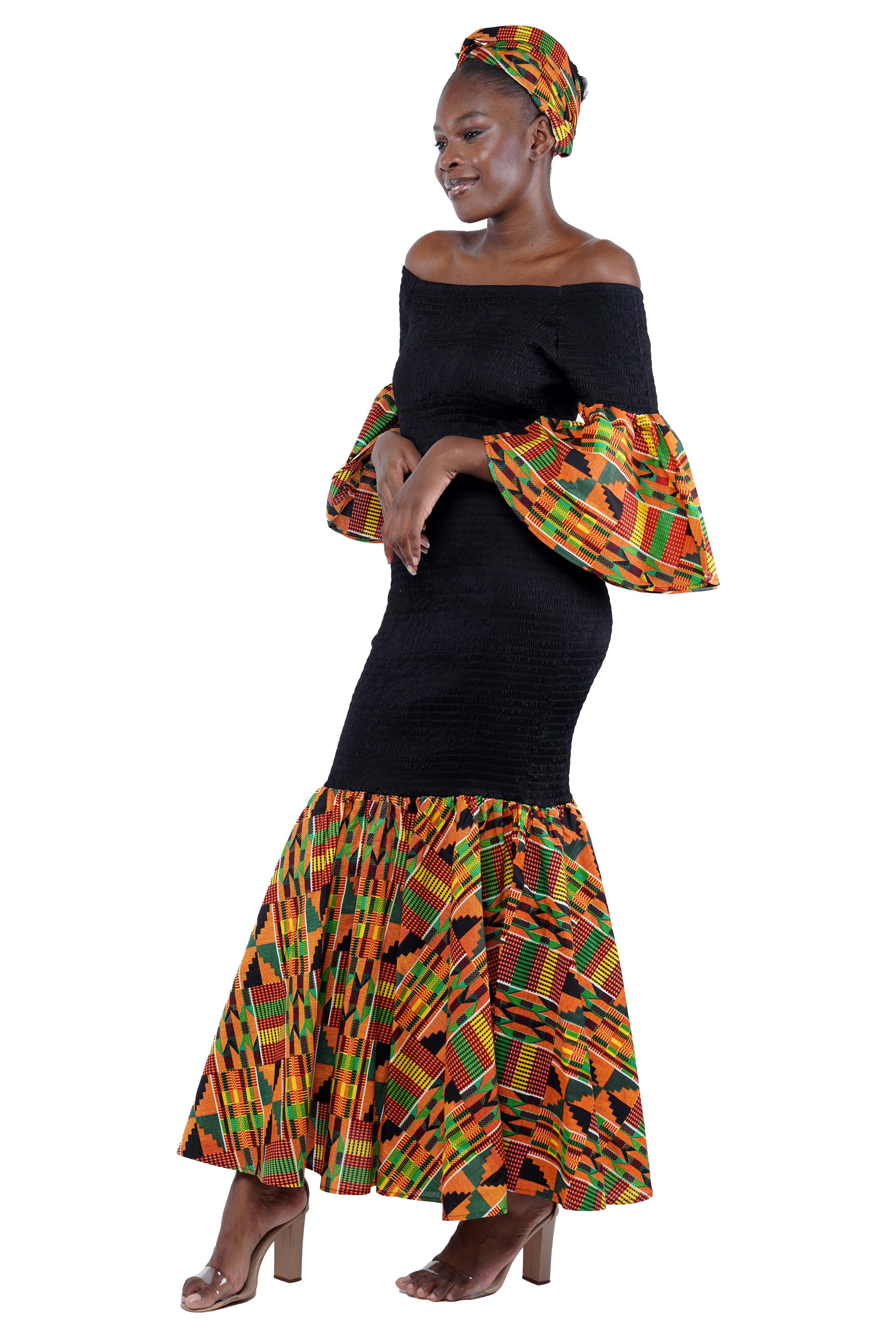 Kente Trim Black Long Smocked Mermaid/Fish Tail Dress | One Size &amp; Plus Size