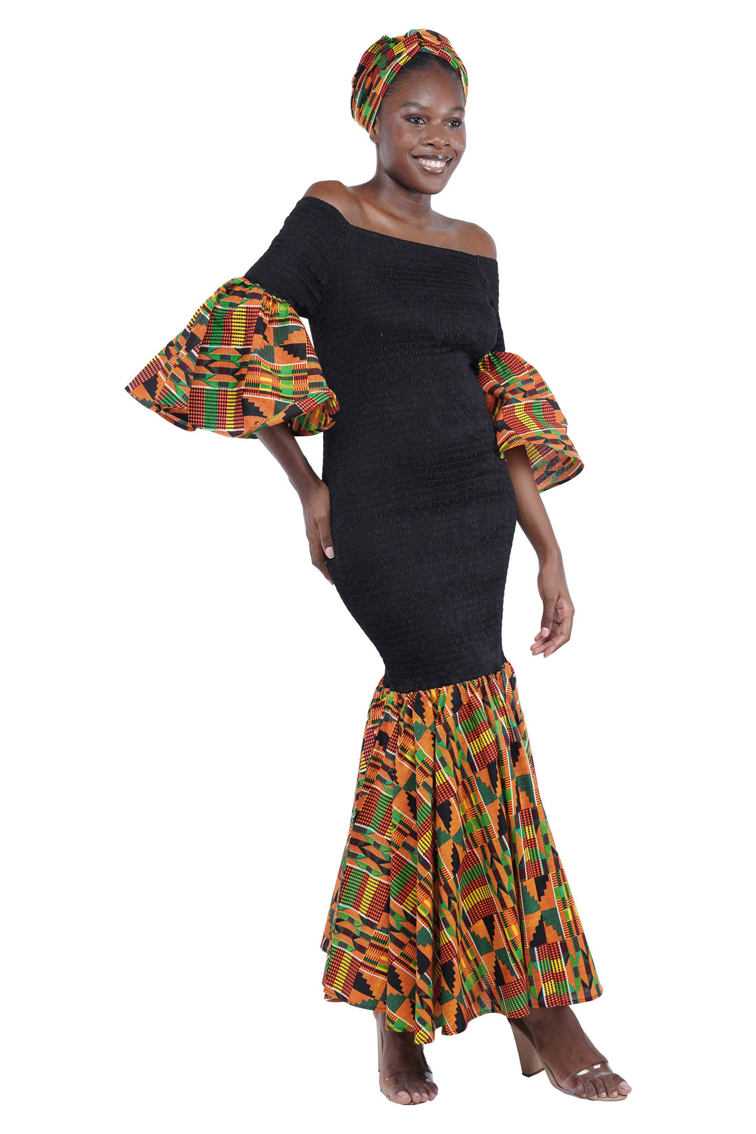 Kente Trim Black Long Smocked Mermaid/Fish Tail Dress | One Size &amp; Plus Size