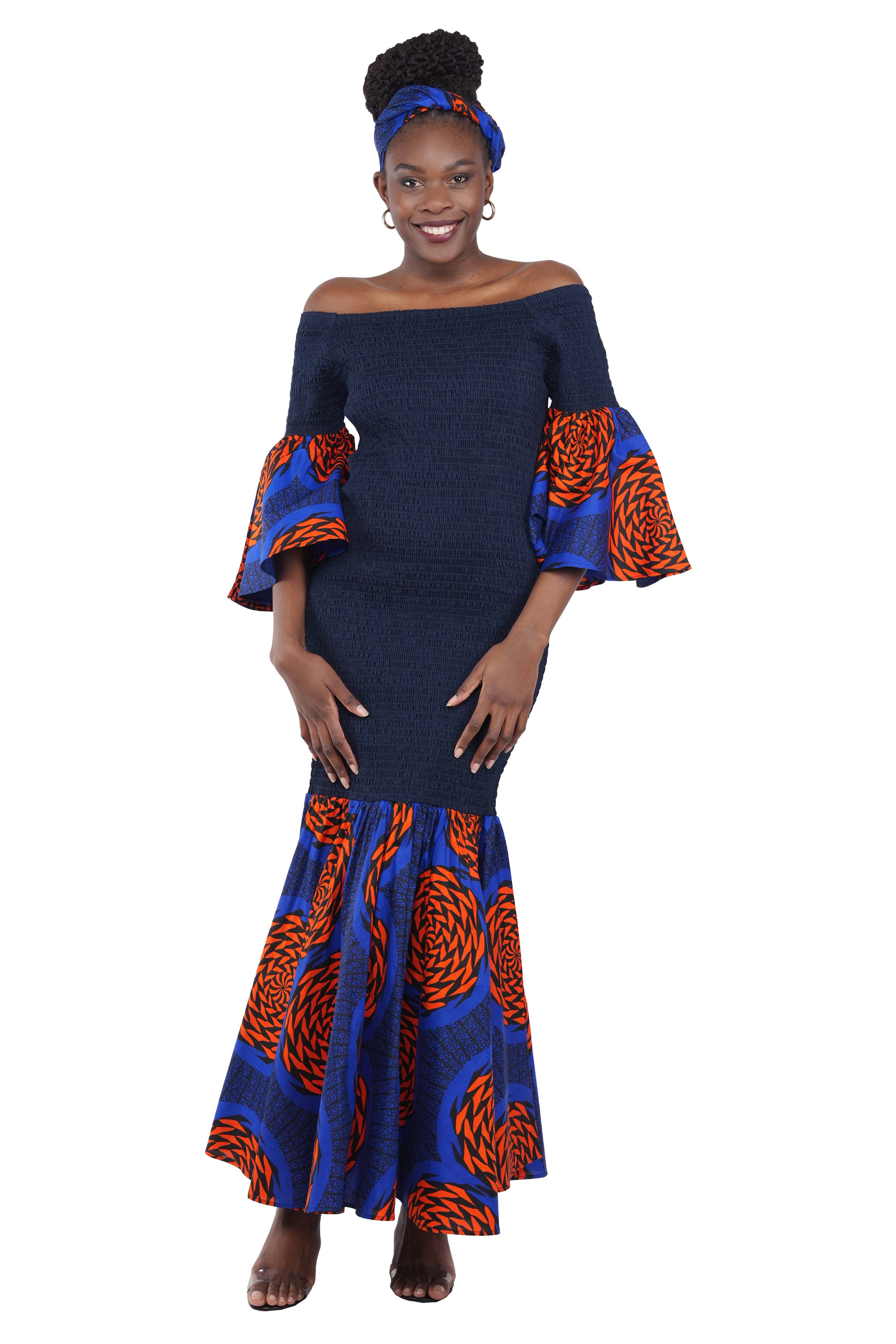 African Trim Blue Long Smocked Mermaid/Fish Tail Dress | One Size &amp; Plus Size