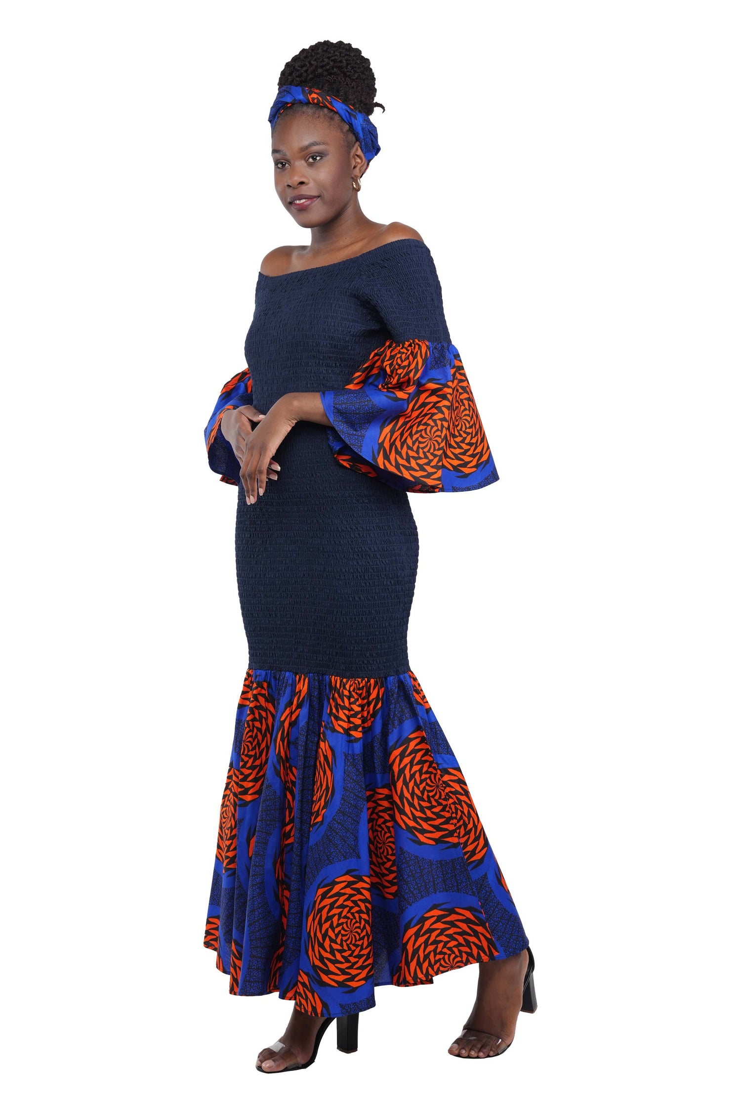 African Trim Blue Long Smocked Mermaid/Fish Tail Dress | One Size &amp; Plus Size