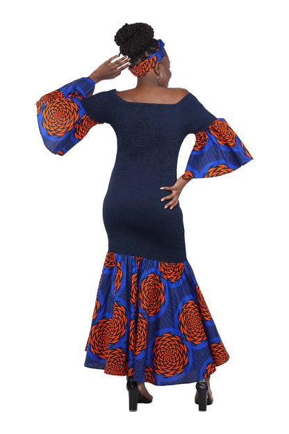 African Trim Blue Long Smocked Mermaid/Fish Tail Dress | One Size &amp; Plus Size