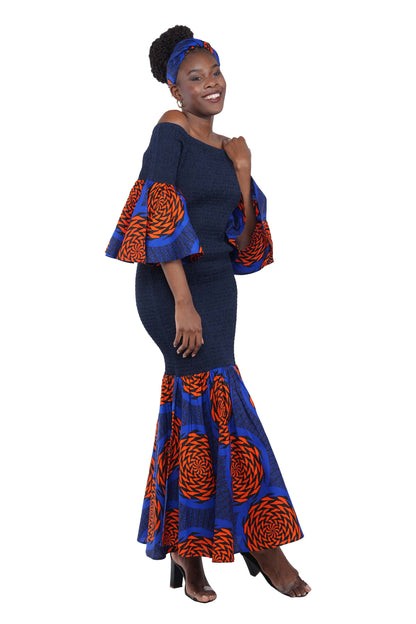 African Trim Blue Long Smocked Mermaid/Fish Tail Dress | One Size &amp; Plus Size